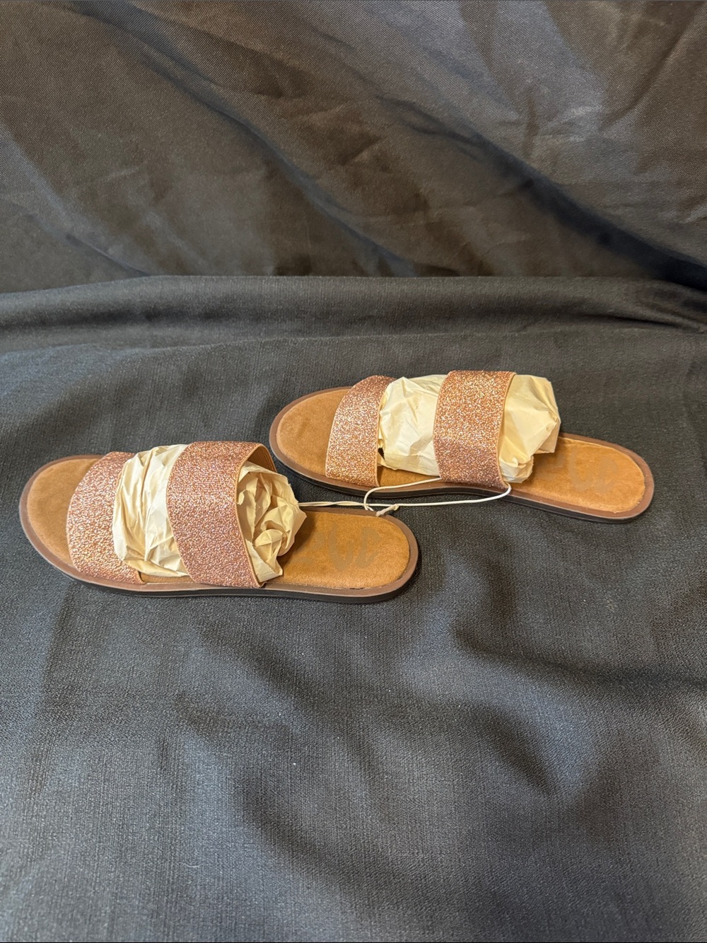 Mad Love Rose Gold Glitter Double-Strap Slide Sandals